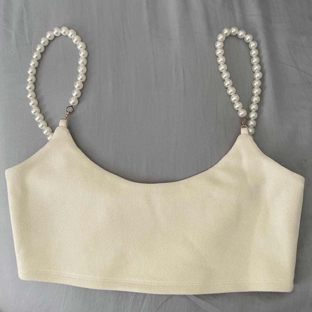 Nara crop top lovers and friends revolve- ivory crop top with pearl straps
